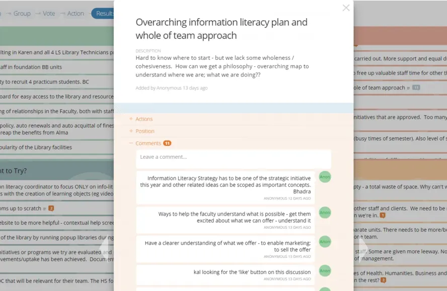 GroupMap board showing an expanded information literacy planning idea with team comments