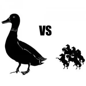 Black silhouette of one large duck facing 100 tiny horse riders with VS