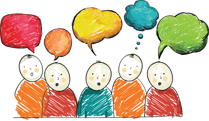 Illustration of five people with colorful speech bubbles sharing opinions