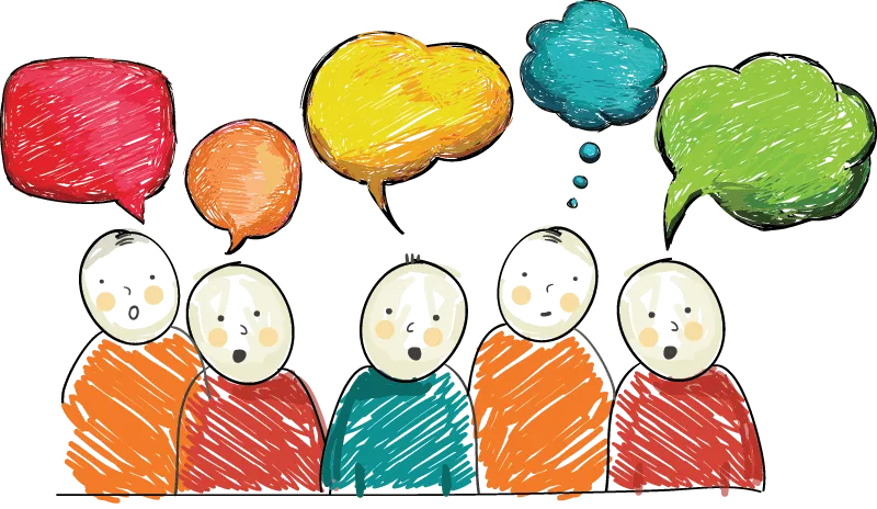 Illustration of five people with colorful speech bubbles sharing opinions