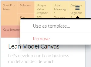 GroupMap Lean Model Canvas board with a context menu showing use as template and remove options