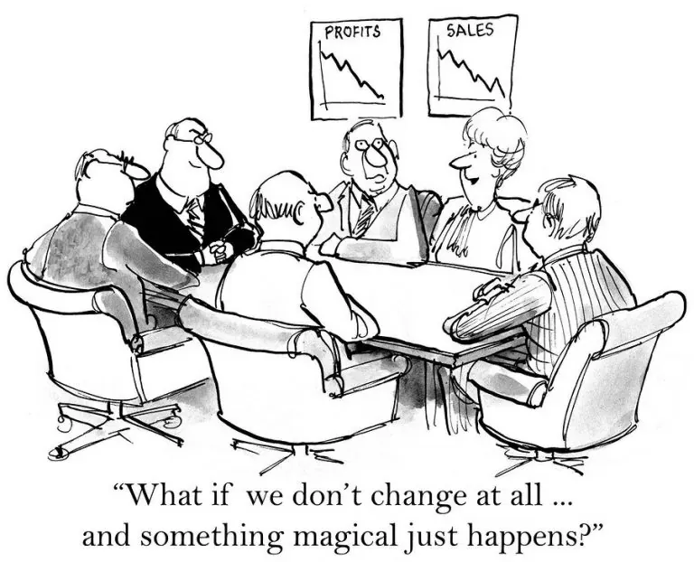 Cartoon meeting under falling profit charts hoping to avoid any change