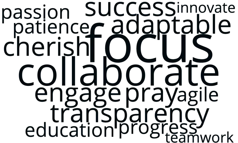 GroupMap word cloud with focus and collaborate as the largest words