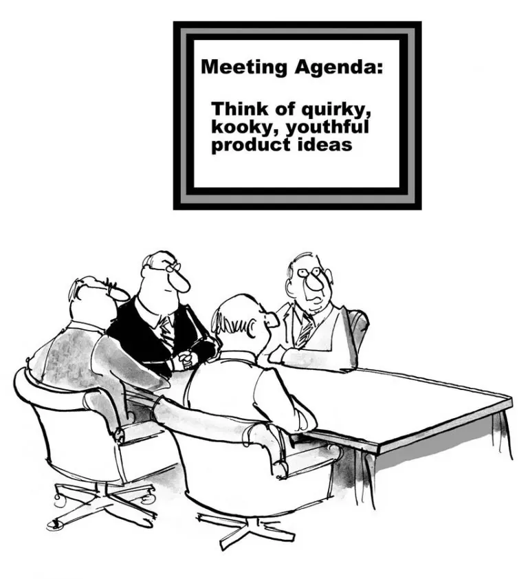 Cartoon executives facing a meeting agenda to think of quirky product ideas