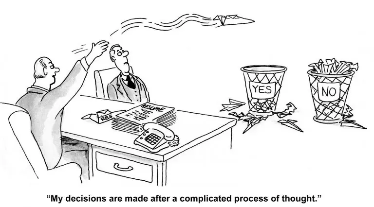 Cartoon manager tossing paper planes toward yes and no bins to decide