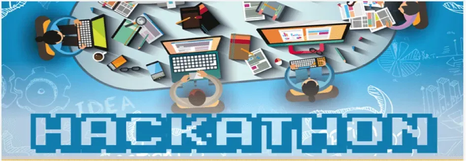Hackathon banner graphic with an overhead illustration of people working at laptops