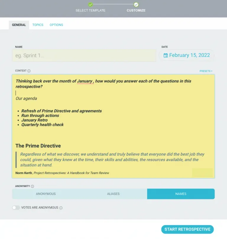 Retrospective setup screen showing a meeting agenda and the Prime Directive in the context field