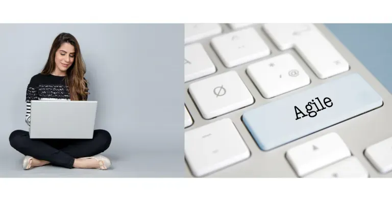 Woman working cross-legged on a laptop beside a keyboard key labeled Agile