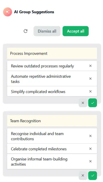 The AI Group Suggestions panel in GroupMap, with proposed themes and their ideas, each with accept and dismiss controls
