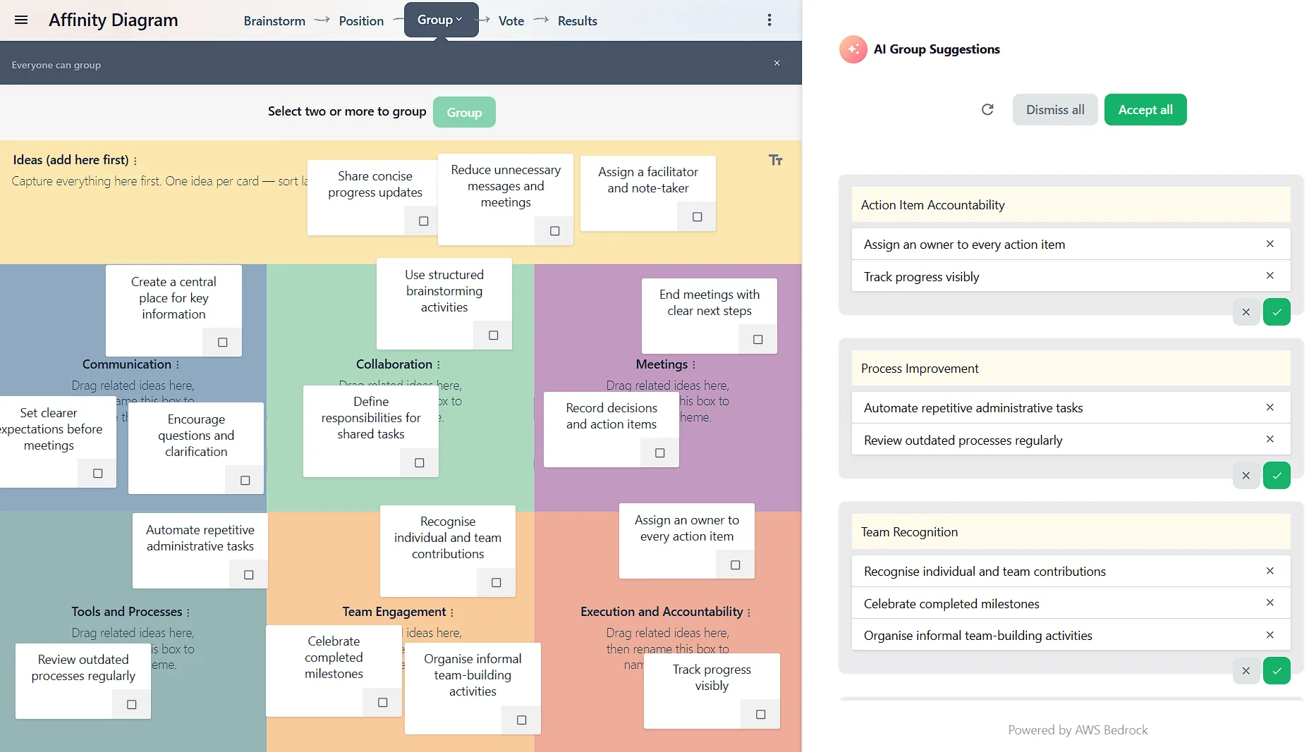 An affinity diagram in GroupMap's Group step, with the AI Group Suggestions panel proposing three named themes to accept or dismiss