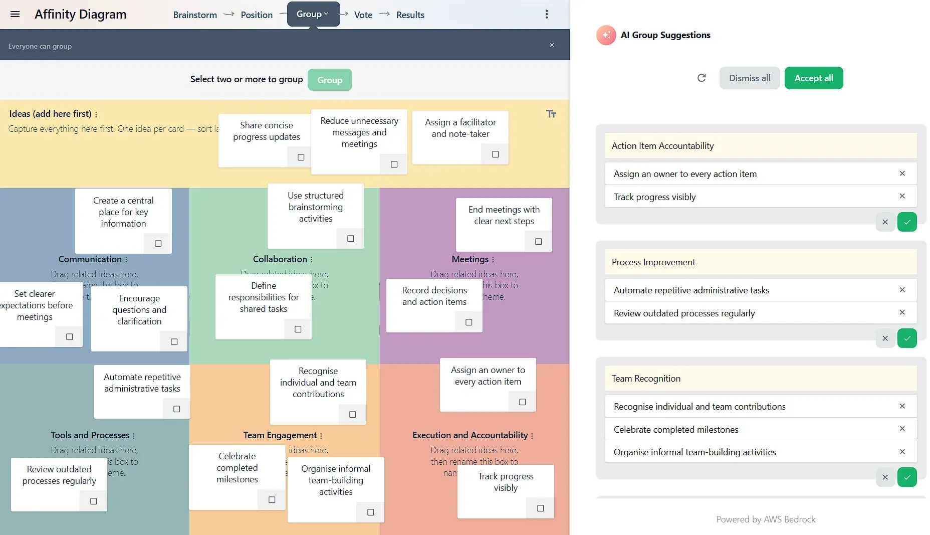 An affinity diagram in GroupMap's Group step, with the AI Group Suggestions panel proposing three named themes to accept or dismiss