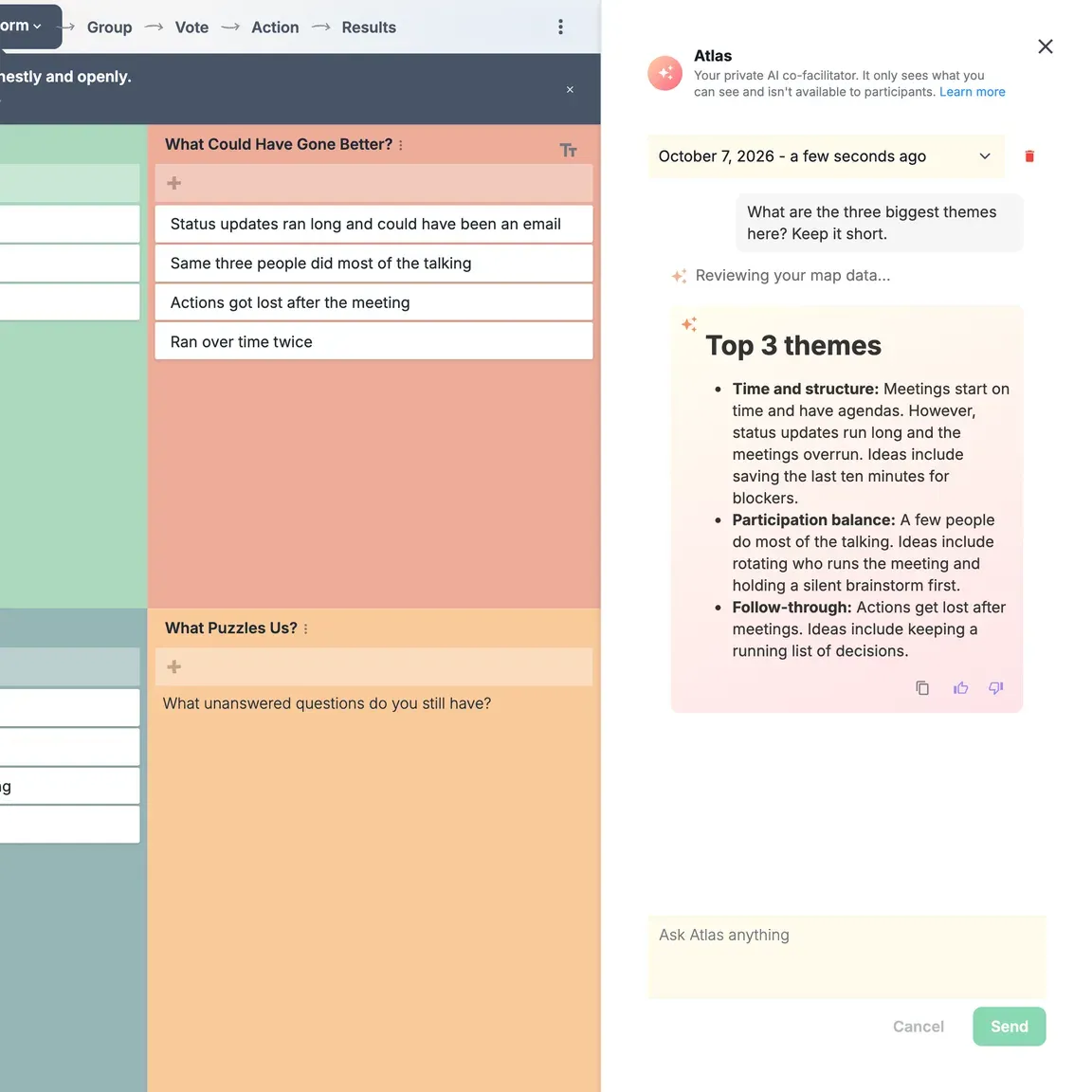 A chat with Atlas in GroupMap: asked for the three biggest themes on a team meeting retro, Atlas answers with time and structure, participation balance, and follow-through