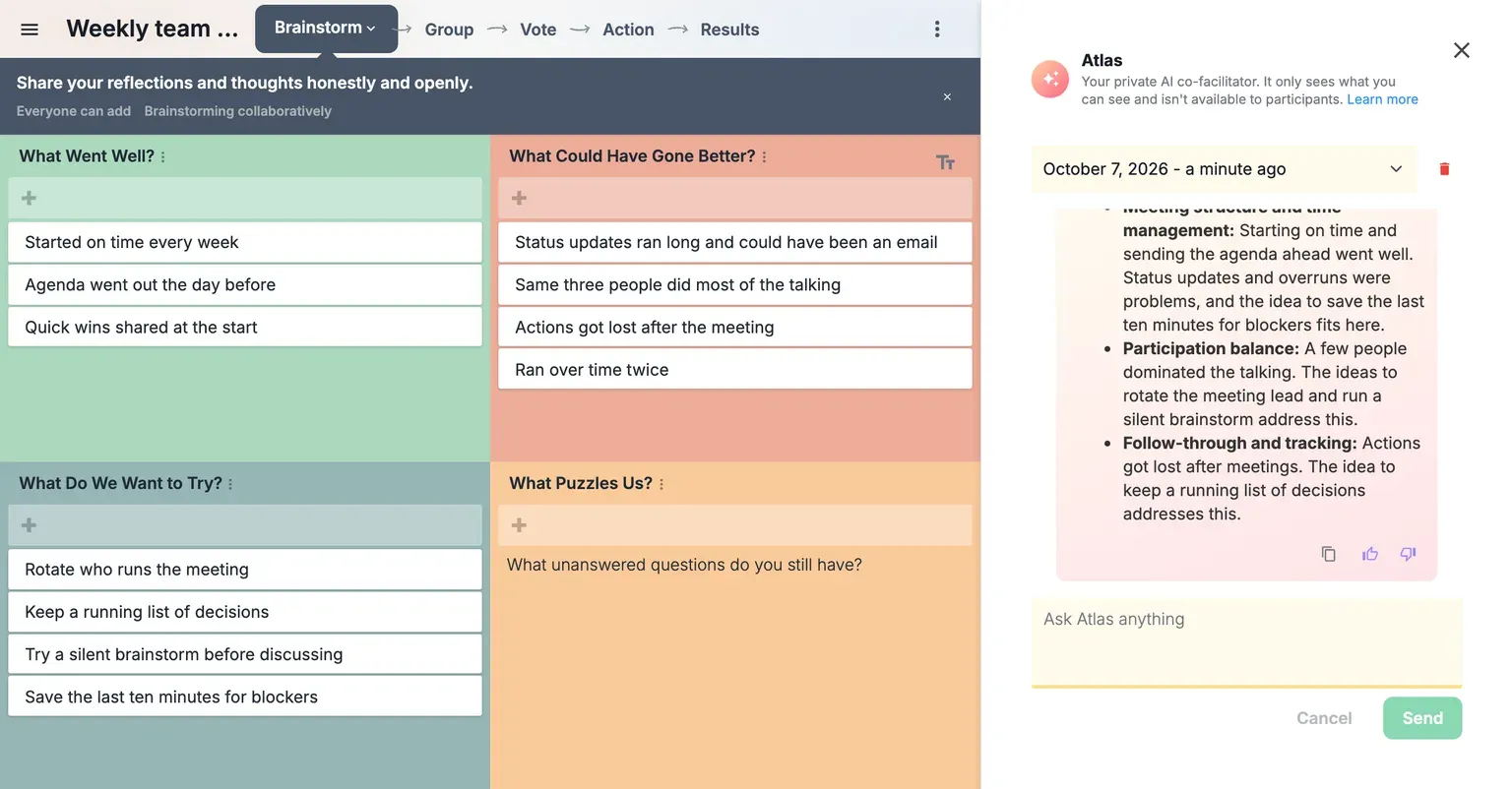 A team meeting retro in GroupMap with Atlas, the AI facilitator, open beside it summarizing the main themes