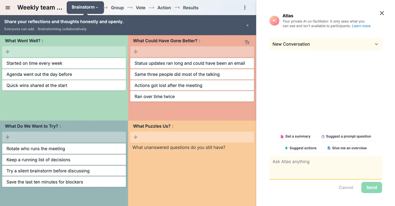 Atlas open beside a team meeting retro, with quick prompts to get a summary, suggest a prompt question, suggest actions or give an overview