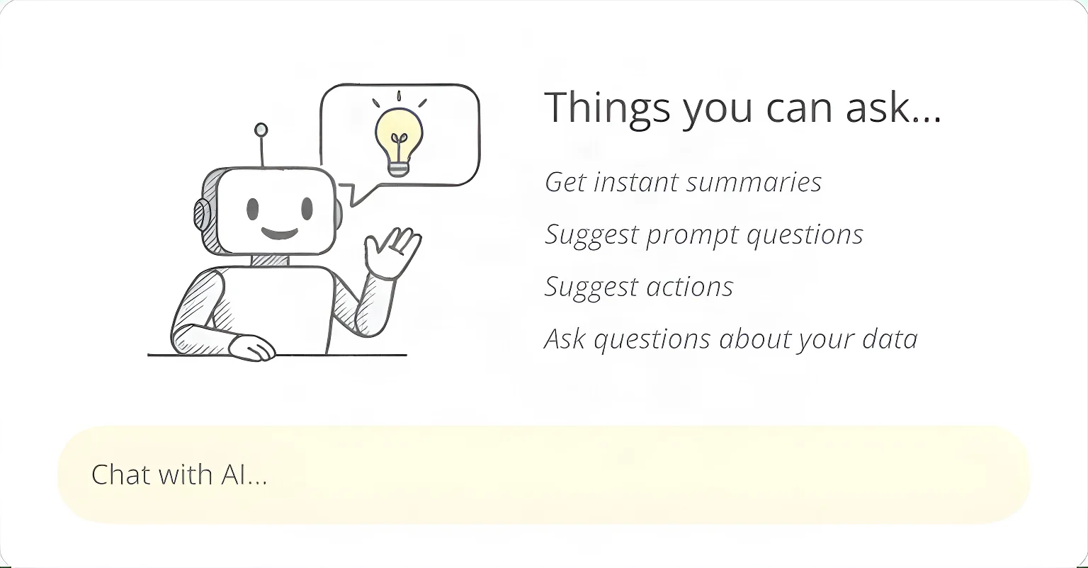 Atlas's opening panel listing what you can ask: get instant summaries, suggest prompt questions, suggest actions, and ask questions about your data