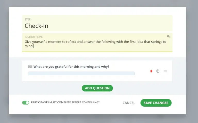 GroupMap check-in survey step asking what are you grateful for this morning and why
