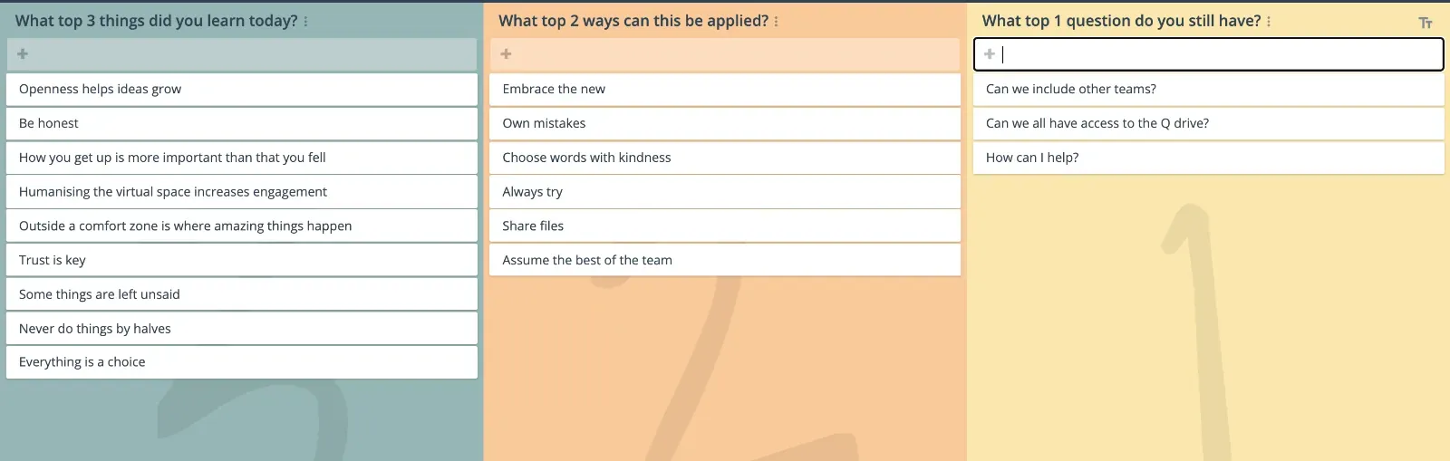 GroupMap check-out template asking for three learnings, two applications and one remaining question