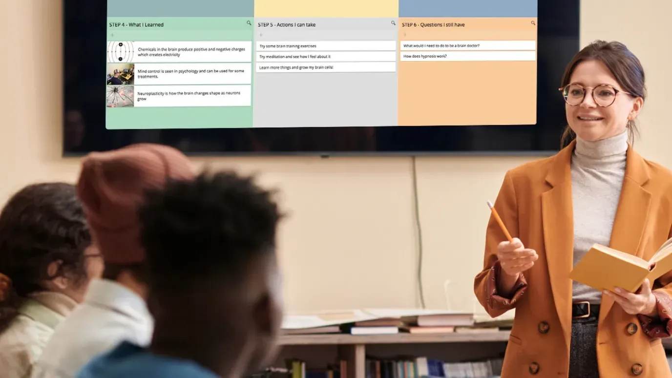A trainer holding a book faces seated learners in front of a large screen showing a GroupMap reflection board