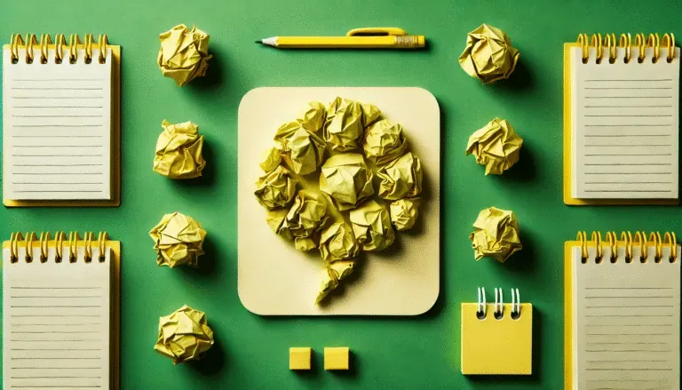 Flat lay of notepads, crumpled paper forming a brain shape, and a pencil on a green background, symbolizing inclusive strategies for introverts in meetings