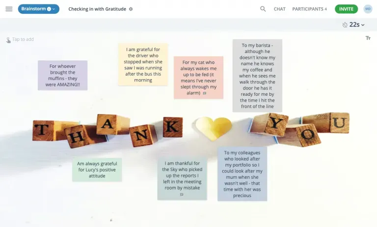 GroupMap gratitude check-in board with a Thank You backdrop and sticky notes of appreciation
