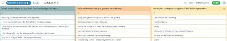GroupMap Exit Ticket 3-2-1 board with three gratitude questions and participant responses
