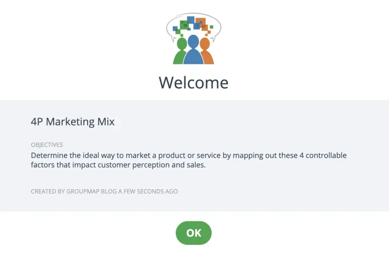 GroupMap welcome screen stating the objectives of a 4P Marketing Mix session