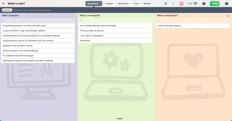 Collaborative GroupMap brainstorm board with three idea columns of sticky notes