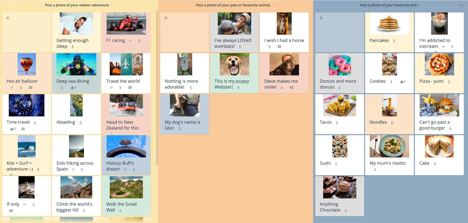 GroupMap icebreaker board where participants share photos of adventures, pets and favorite dishes