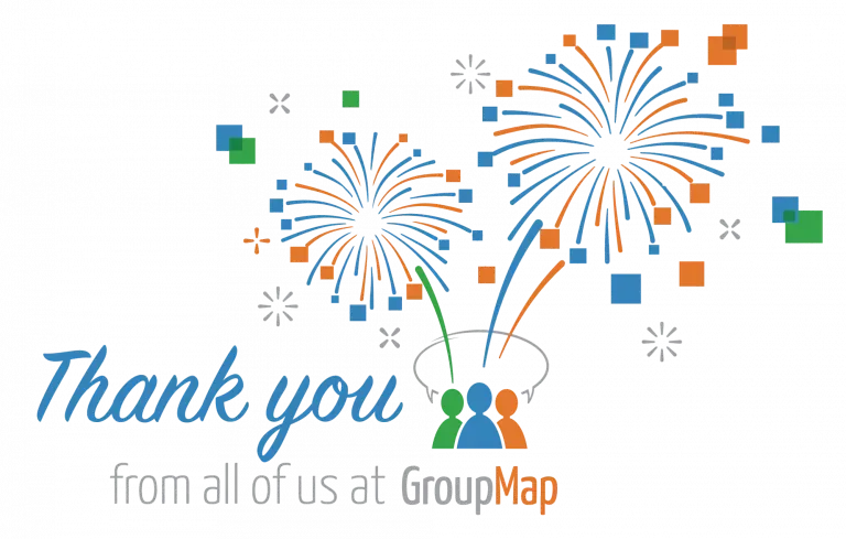Fireworks graphic with a thank you message from the GroupMap team
