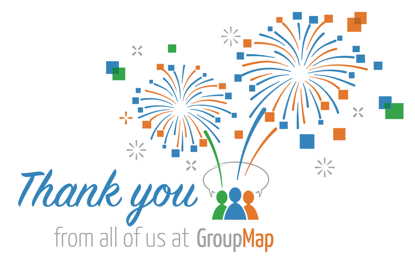 Fireworks illustration with a thank you message from GroupMap