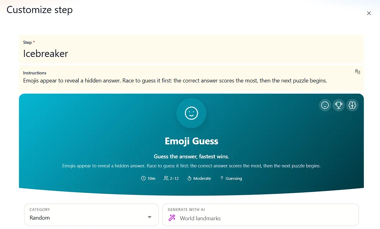 The Customize step dialog in GroupMap with Emoji Guess selected as the icebreaker: a 10-minute guessing game for 2 to 12 participants, with a category picker and an AI topic field
