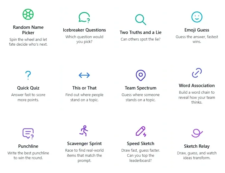 GroupMap library of icebreaker games including Random Name Picker, Two Truths and a Lie, and Speed Sketch