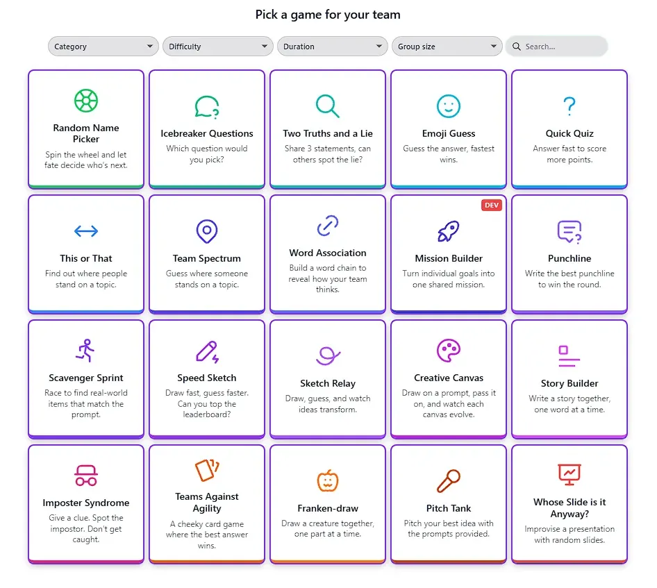 The icebreaker game library in GroupMap, filtered by category, difficulty, duration and group size