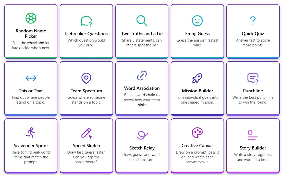 GroupMap icebreaker games picker showing cards for Random Name Picker, Two Truths and a Lie, Emoji Guess and Creative Canvas