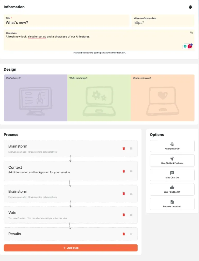 Streamlined GroupMap map setup editor showing information, design and process steps