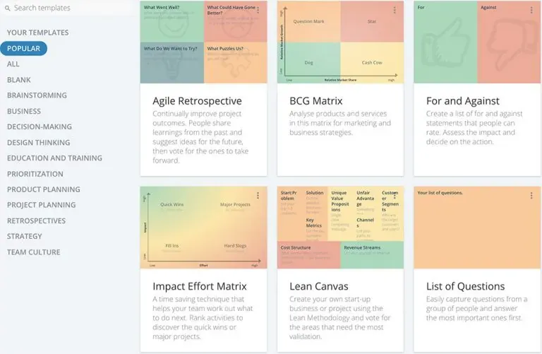 GroupMap template gallery showing popular templates including Agile Retrospective, BCG Matrix, For and Against and Lean Canvas