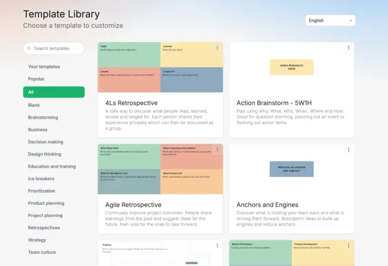 GroupMap template library with a category sidebar and retrospective template cards