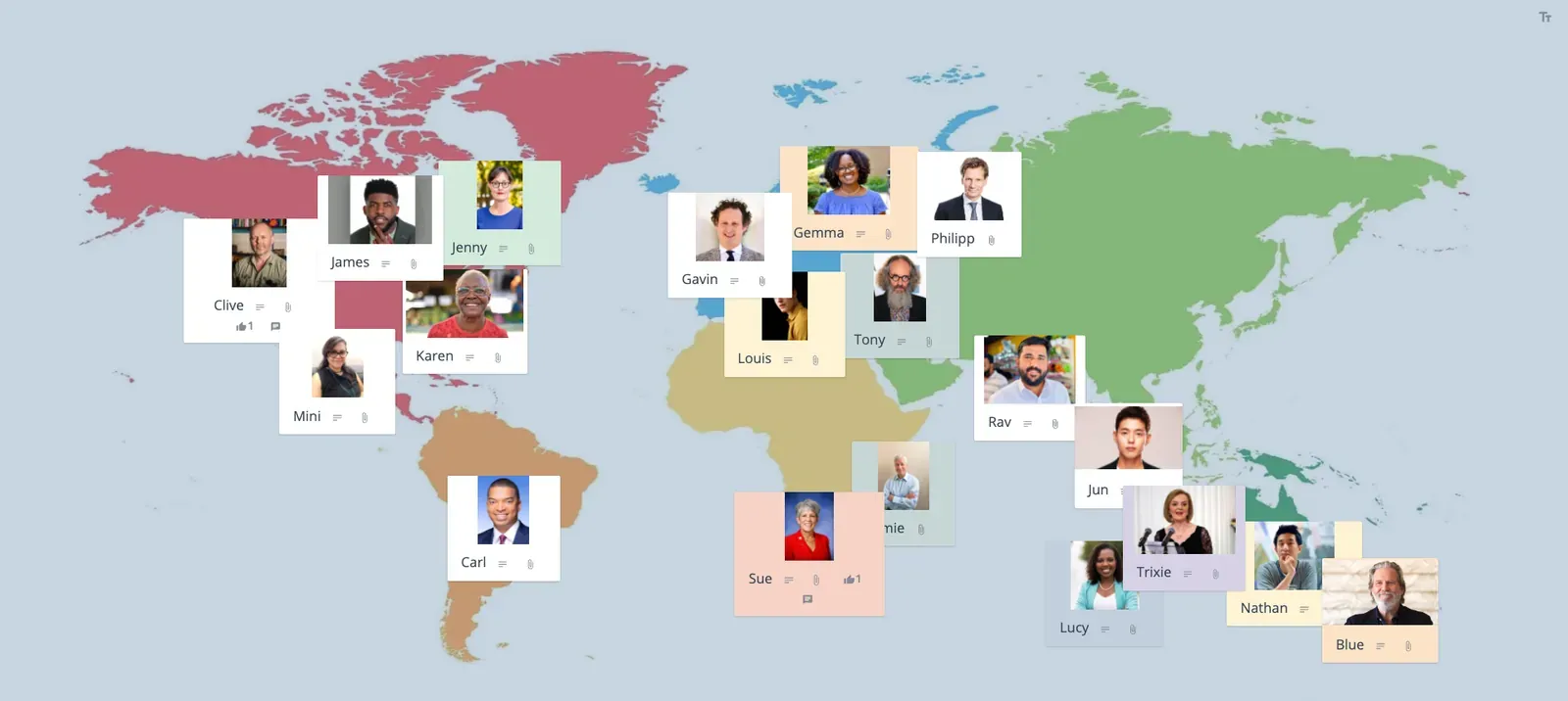 A GroupMap Where in the World board with participants' photos placed on a world map