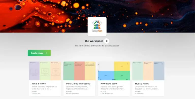 Redesigned GroupMap workspace home with facilitation map tiles and a Create a map button