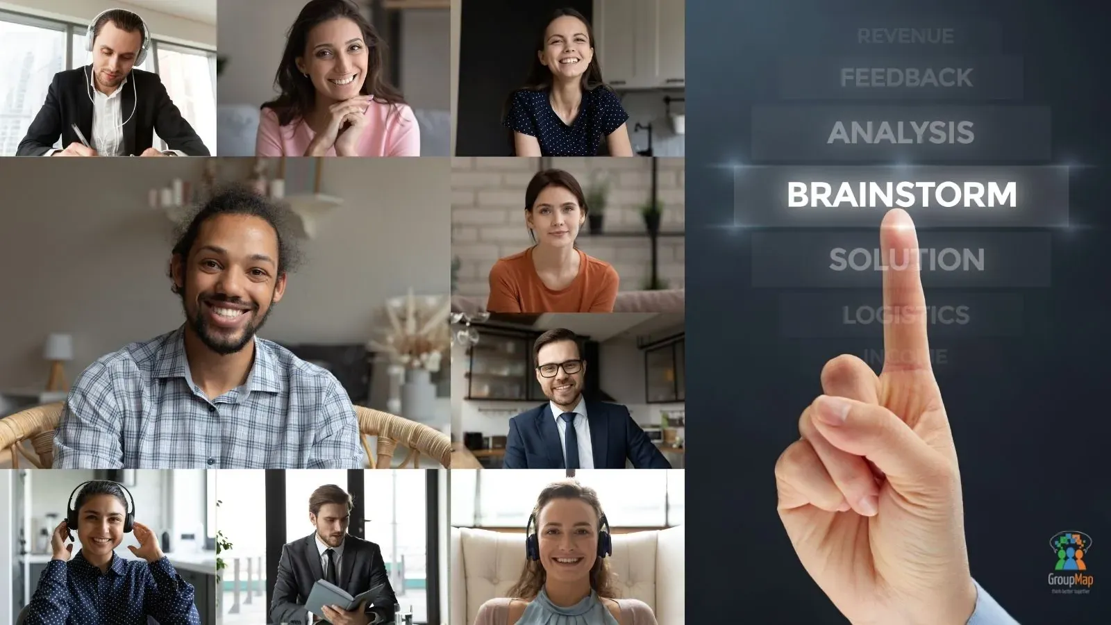 Video call participants beside a hand selecting a brainstorm option on a screen