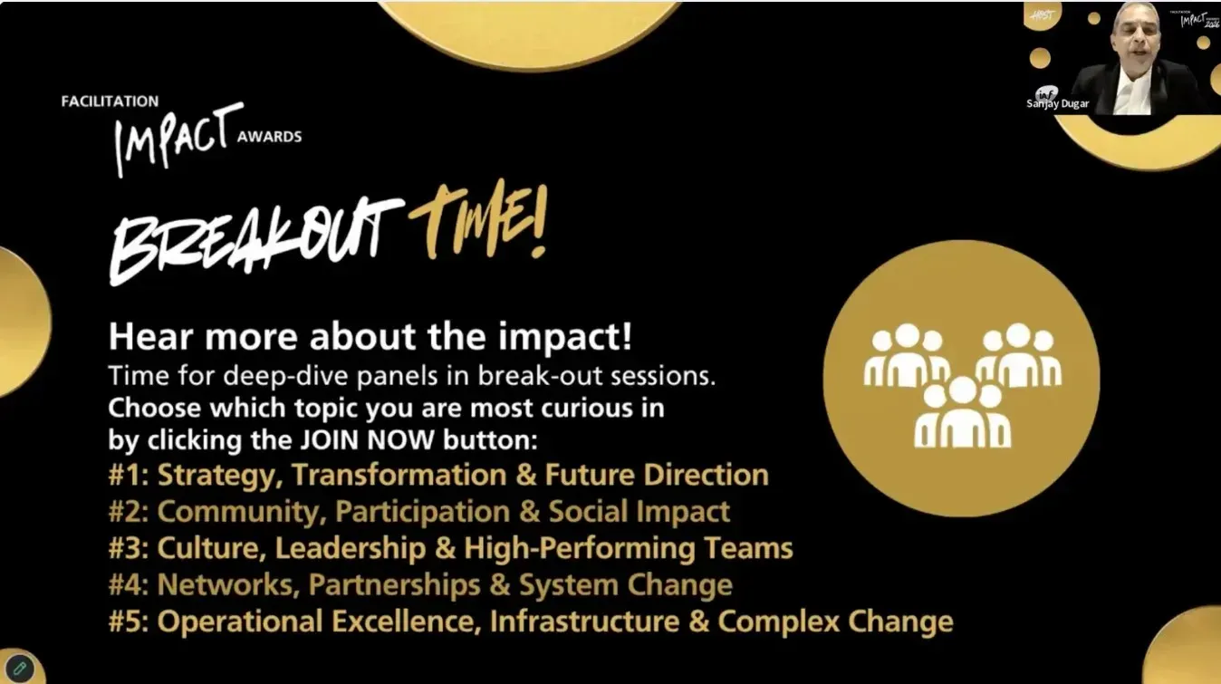 IAF Facilitation Impact Awards breakout session showing five deep-dive panel topics