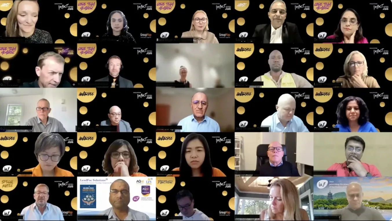 IAF Facilitation Impact Awards 2026 virtual ceremony showing award winners, hosts, and facilitators from around the world