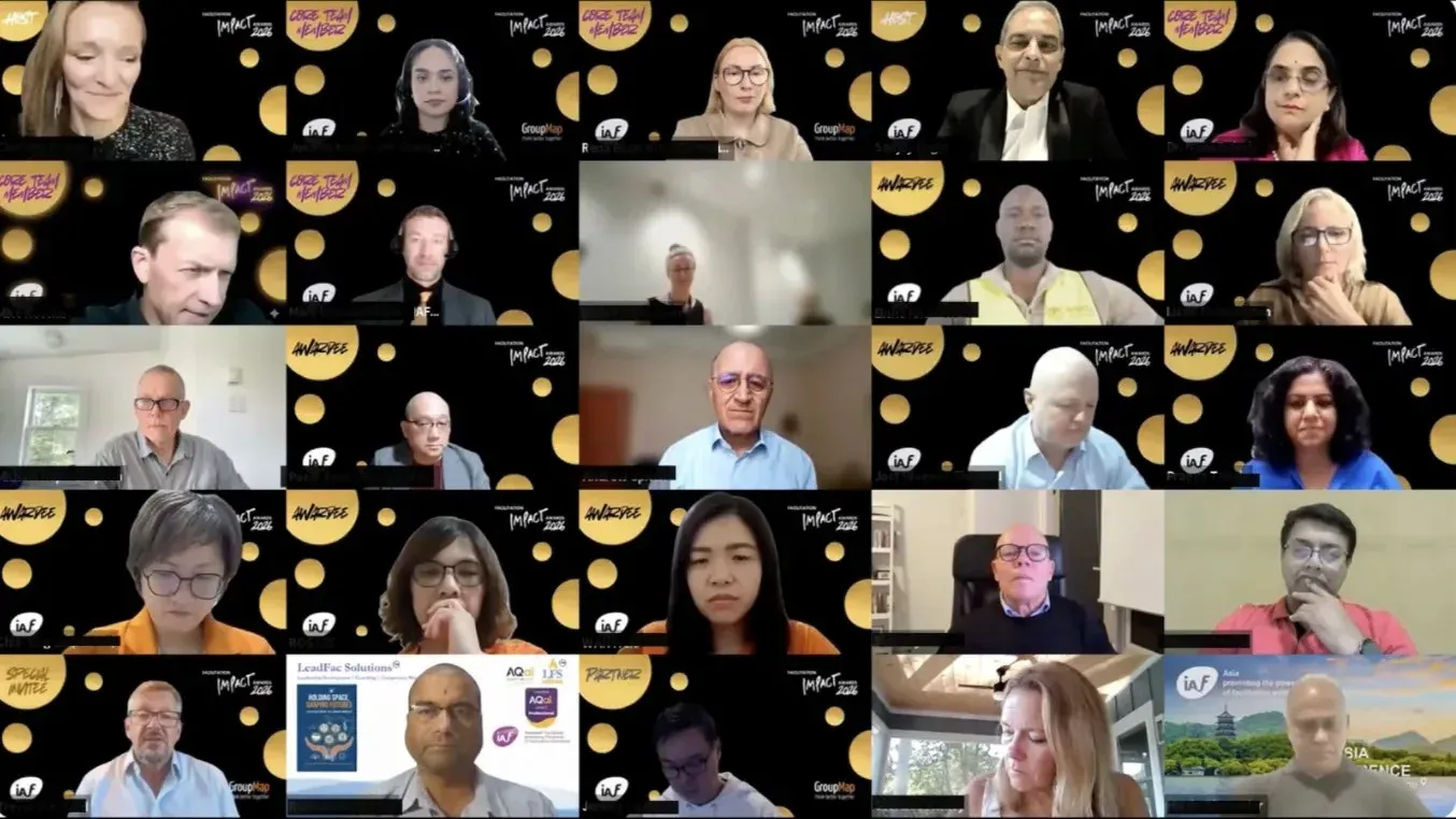 IAF Facilitation Impact Awards 2026 virtual ceremony showing award winners, hosts, and facilitators from around the world