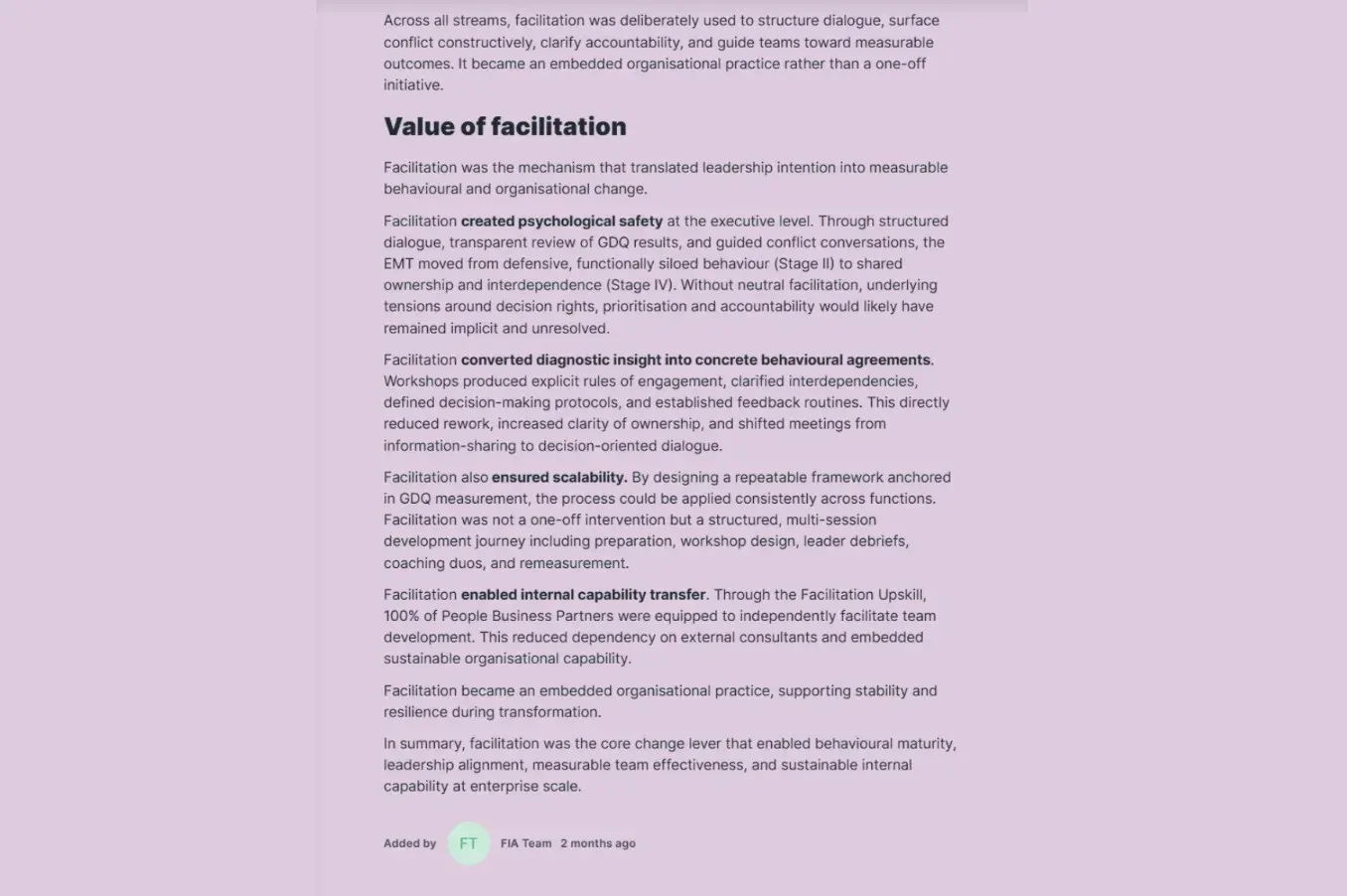 IAF award winner's facilitation impact story and outcomes in a GroupMap card