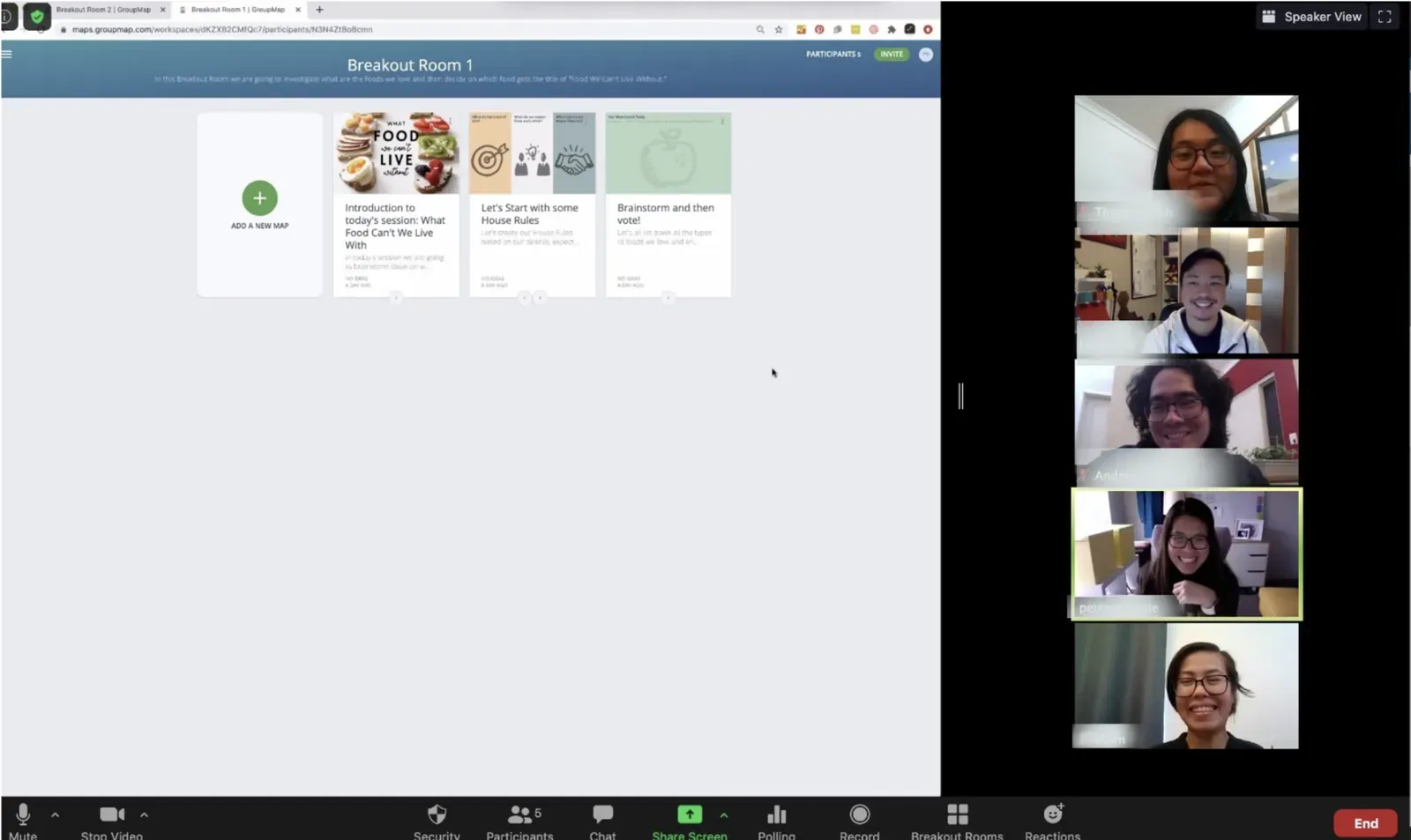 GroupMap open in a Zoom breakout room beside participant video tiles