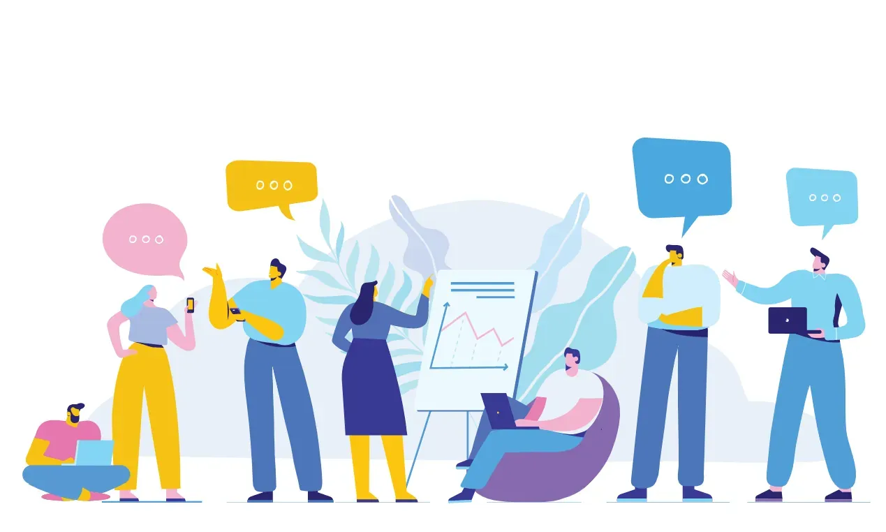 Flat illustration of people brainstorming and sharing ideas with speech bubbles around a flip chart