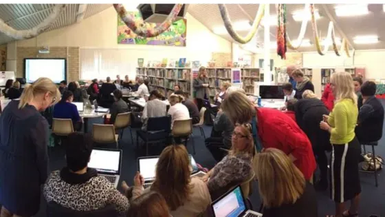 GroupMap list where teachers share current sustainability practices at a staff meeting