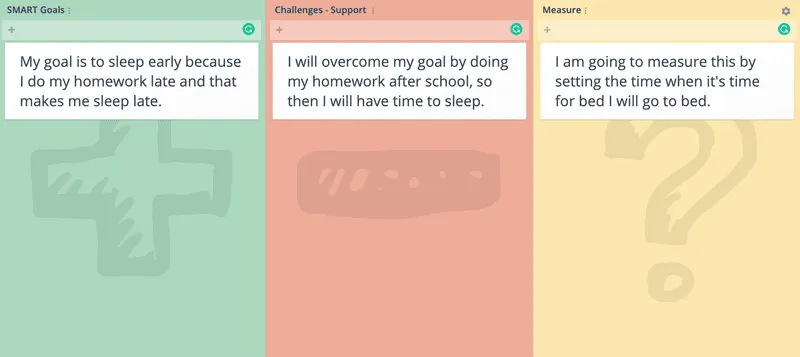 GroupMap board where students privately enter their own SMART goals