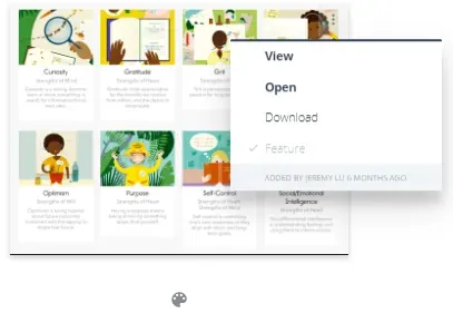 GroupMap board of character-strength resource cards with the download and feature menu open