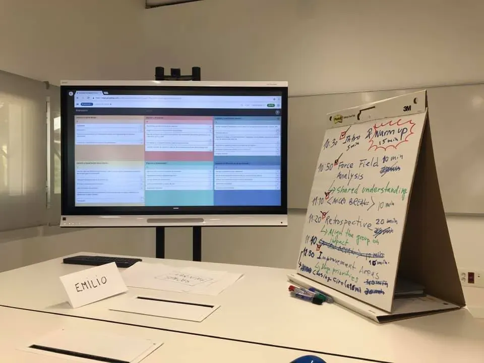 GroupMap on a touchscreen beside a flip chart of the workshop agenda timings